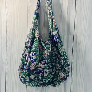 One of Kind 100% Silk Hobo Purse Floral Leather & Brass Handle India Artist